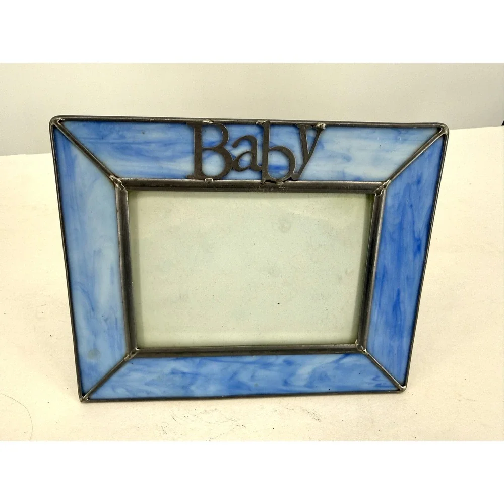 Stained Glass Baby Picture Frame‎ Blue Horizontal Photo Display Tabletop Decor